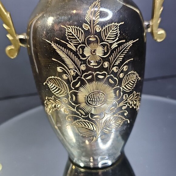 Vintage Brass Floral Eteched Vase With Double Handles India - Picture 9 of 9